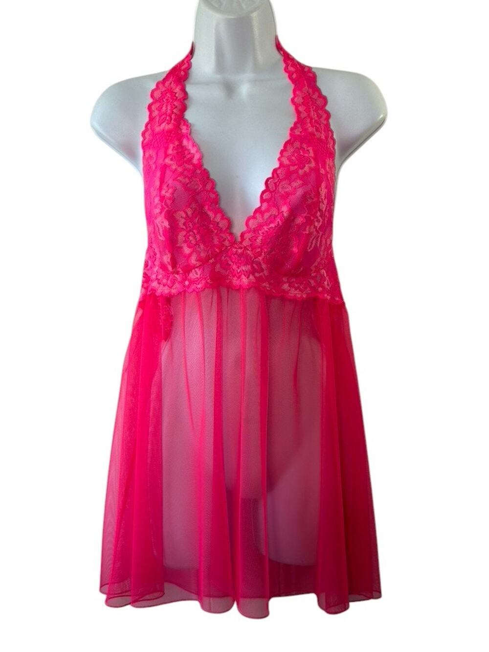 Victoria’s Secret Halter Babydoll Slip Chemise HOT PINK Lace Nightgown Large